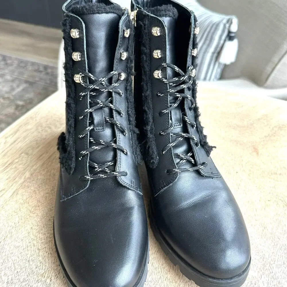 Kate‎ Spade Raquelle Lace-Up Shearling Combat Boots, Black, Size 8.5 Combat Edgy